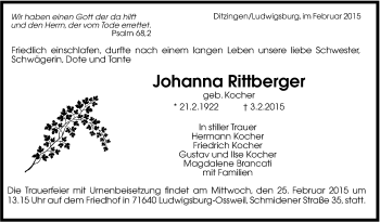 Traueranzeige von Johanna Rittberger von Leonberger Kreiszeitung / Strohgäu Extra