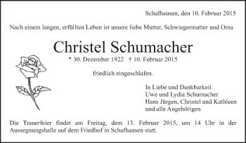 Traueranzeige von Christel Schumacher von Leonberger Kreiszeitung / Strohgäu Extra