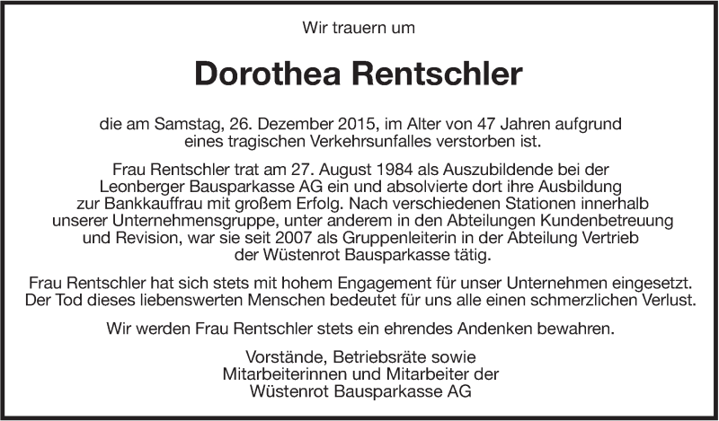  Traueranzeige für Dorothea Rentschler vom 30.12.2015 aus Leonberger Kreiszeitung / Strohgäu Extra