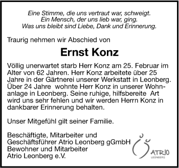 Traueranzeige von Ernst Konz von Leonberger Kreiszeitung / Strohgäu Extra