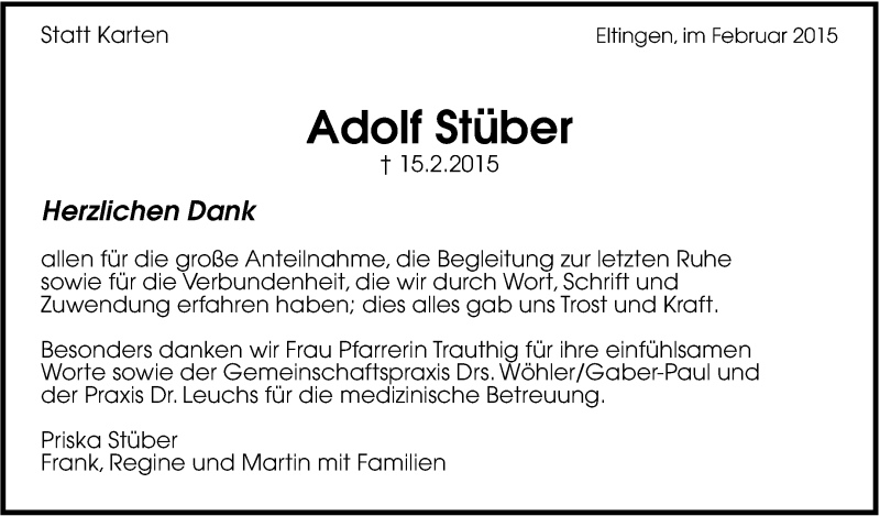  Traueranzeige für Adolf Stüber vom 07.03.2015 aus Leonberger Kreiszeitung / Strohgäu Extra