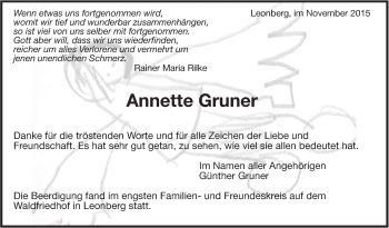 Traueranzeige von Annette Gruner von Leonberger Kreiszeitung / Strohgäu Extra