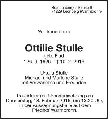 Traueranzeige von Ottilie Stulle von Leonberger Kreiszeitung / Strohgäu Extra