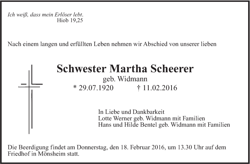  Traueranzeige für Martha Scheerer vom 13.02.2016 aus Leonberger Kreiszeitung / Strohgäu Extra