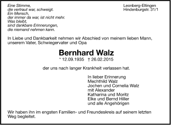 Traueranzeige von Bernhard Walz von Leonberger Kreiszeitung / Strohgäu Extra