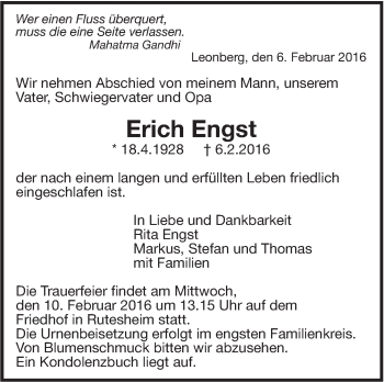 Traueranzeige von Erich Engst von Leonberger Kreiszeitung / Strohgäu Extra