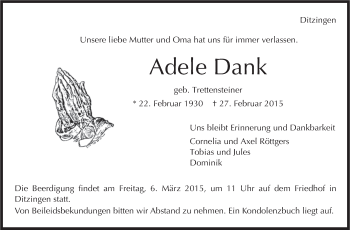 Traueranzeige von Adele Dank von Leonberger Kreiszeitung / Strohgäu Extra