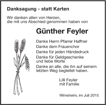 Traueranzeige von Günther Feyler von Leonberger Kreiszeitung / Strohgäu Extra