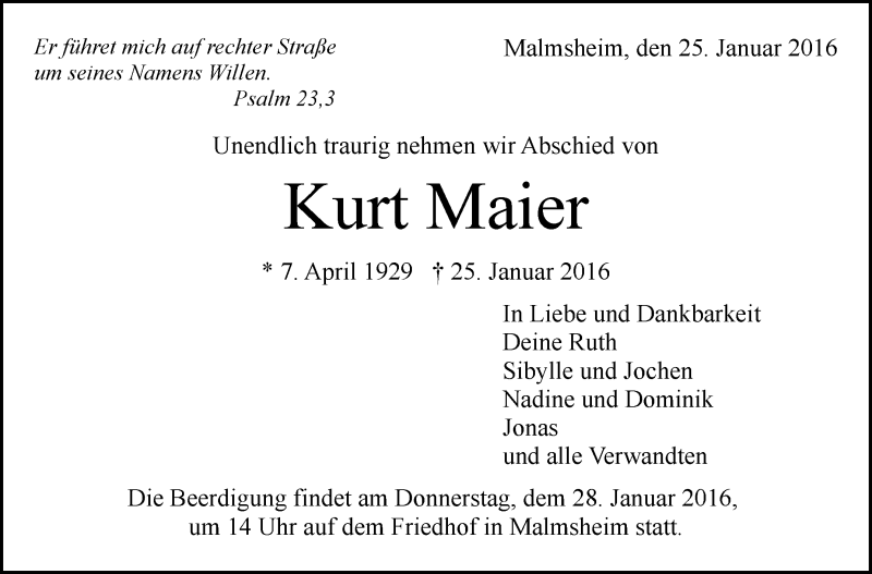  Traueranzeige für Kurt Maier vom 27.01.2016 aus Leonberger Kreiszeitung / Strohgäu Extra