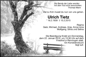 Traueranzeige von Ulrich Tietz von Leonberger Kreiszeitung / Strohgäu Extra