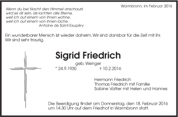 Traueranzeige von Sigrid Friedrich von Leonberger Kreiszeitung / Strohgäu Extra