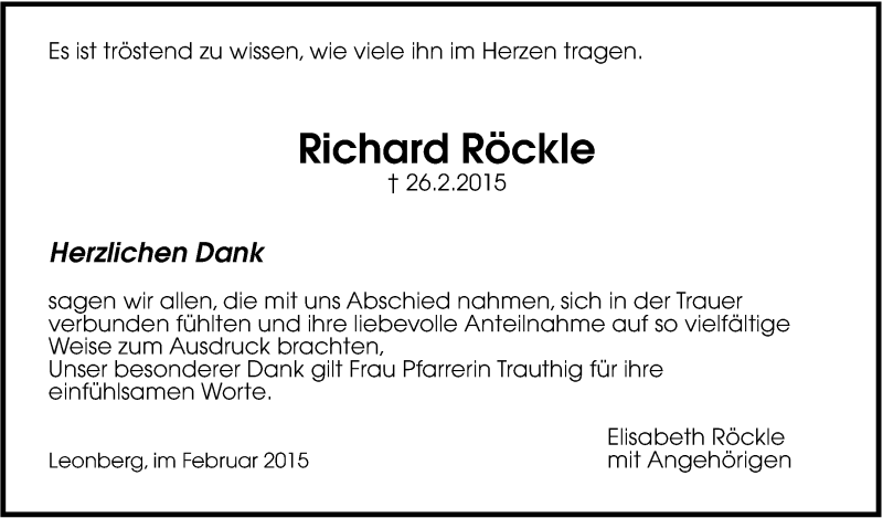  Traueranzeige für Richard Röckle vom 06.03.2015 aus Leonberger Kreiszeitung / Strohgäu Extra