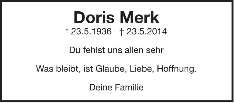  Traueranzeige für Doris Merk vom 23.05.2015 aus Leonberger Kreiszeitung / Strohgäu Extra