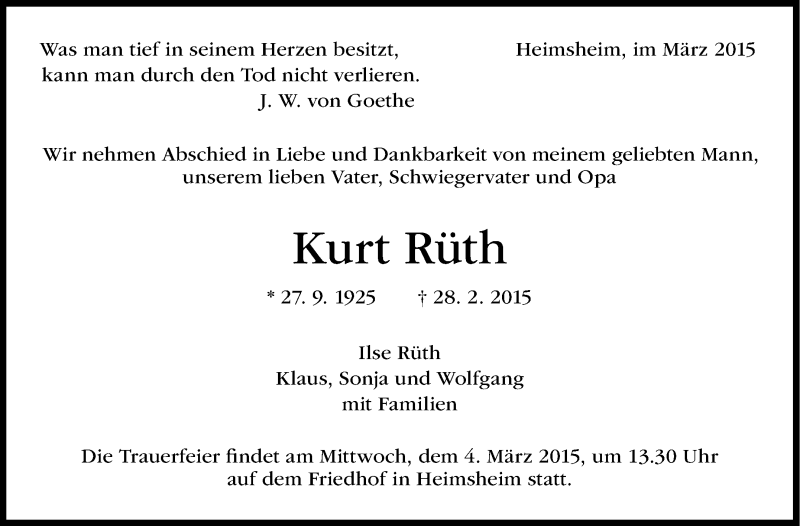  Traueranzeige für Kurt Rüth vom 02.03.2015 aus Leonberger Kreiszeitung / Strohgäu Extra