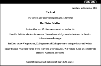 Traueranzeige von Dieter Schäfer von Leonberger Kreiszeitung / Strohgäu Extra