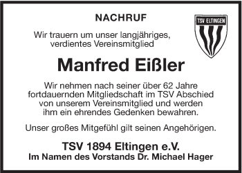 Traueranzeige von Manfred Eißler von Leonberger Kreiszeitung / Strohgäu Extra