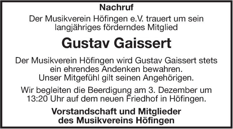  Traueranzeige für Gustav Gaißert vom 02.12.2015 aus Leonberger Kreiszeitung / Strohgäu Extra
