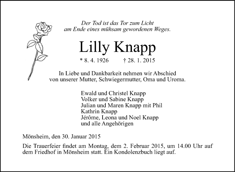  Traueranzeige für Lilly Knapp vom 30.01.2015 aus Leonberger Kreiszeitung / Strohgäu Extra
