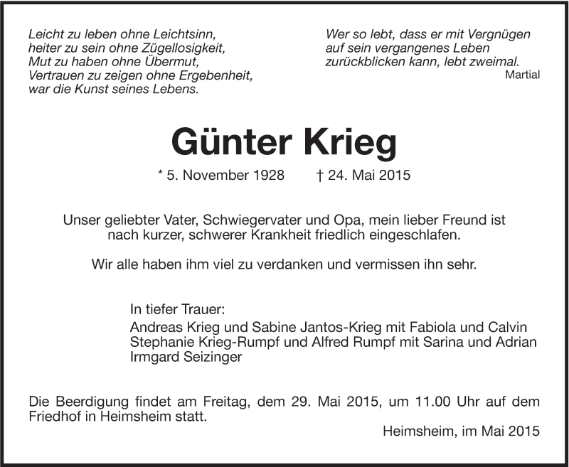  Traueranzeige für Günter Krieg vom 26.05.2015 aus Leonberger Kreiszeitung / Strohgäu Extra