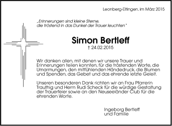 Traueranzeige von Simon Bertleff von Leonberger Kreiszeitung / Strohgäu Extra