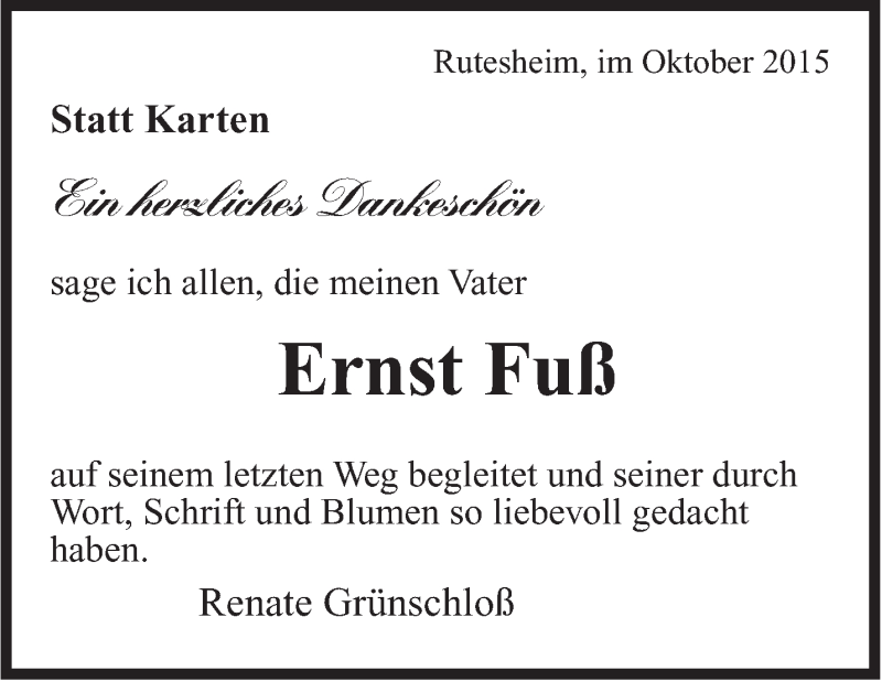  Traueranzeige für Ernst Fuß vom 22.10.2015 aus Leonberger Kreiszeitung / Strohgäu Extra