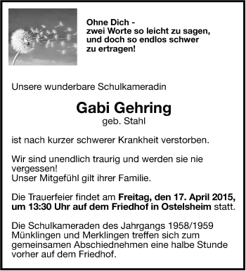 Traueranzeige von Gabi Gehring von Leonberger Kreiszeitung / Strohgäu Extra