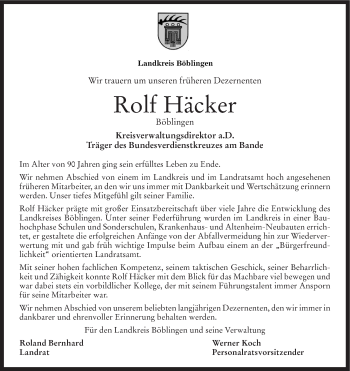 Traueranzeige von Rolf Häcker von Leonberger Kreiszeitung / Strohgäu Extra