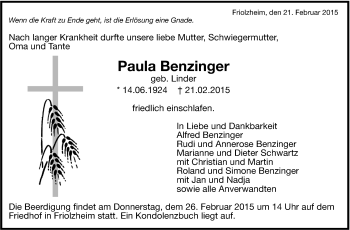 Traueranzeige von Paula Benzinger von Leonberger Kreiszeitung / Strohgäu Extra