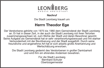 Traueranzeige von Theodor Ege von Leonberger Kreiszeitung / Strohgäu Extra
