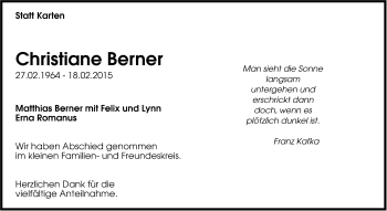 Traueranzeige von Christiane Berner von Leonberger Kreiszeitung / Strohgäu Extra