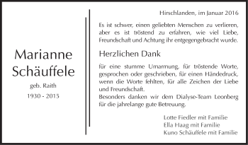 Traueranzeige von Marianne Schäufele von Leonberger Kreiszeitung / Strohgäu Extra