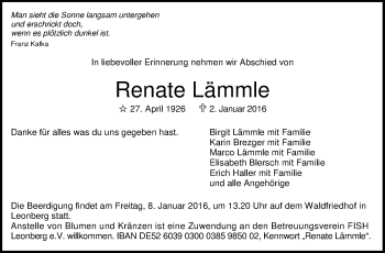 Traueranzeige von Renate Lämmle von Leonberger Kreiszeitung / Strohgäu Extra