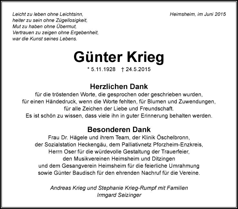  Traueranzeige für Günter Krieg vom 11.06.2015 aus Leonberger Kreiszeitung / Strohgäu Extra