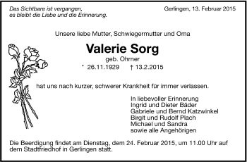 Traueranzeige von Valerie Sorg von Leonberger Kreiszeitung / Strohgäu Extra