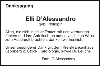 Traueranzeige von Elli D’Alessandro von Leonberger Kreiszeitung / Strohgäu Extra