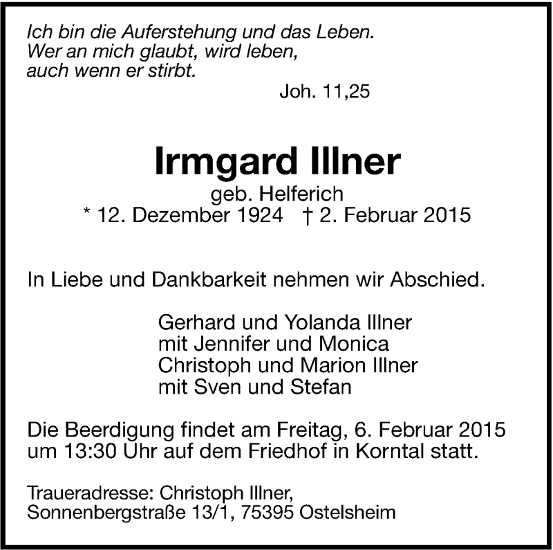  Traueranzeige für Irmgard Illner vom 05.02.2015 aus Leonberger Kreiszeitung / Strohgäu Extra