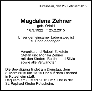 Traueranzeige von Magdalena Zehner von Leonberger Kreiszeitung / Strohgäu Extra