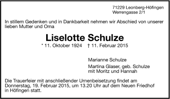 Traueranzeige von Liselotte Schulze von Leonberger Kreiszeitung / Strohgäu Extra