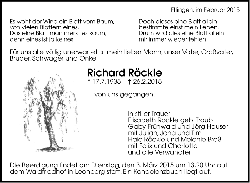  Traueranzeige für Richard Röckle vom 28.02.2015 aus Leonberger Kreiszeitung / Strohgäu Extra