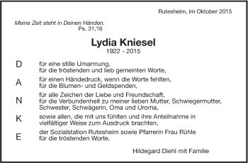 Traueranzeige von Lydia Kniesel von Leonberger Kreiszeitung / Strohgäu Extra