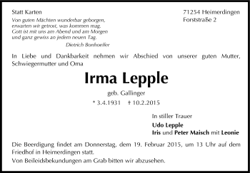 Traueranzeige von Irma Lepple von Leonberger Kreiszeitung / Strohgäu Extra