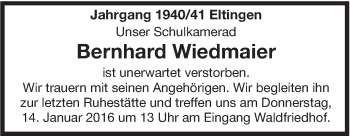 Traueranzeige von Bernhard Wiedmaier von Leonberger Kreiszeitung / Strohgäu Extra