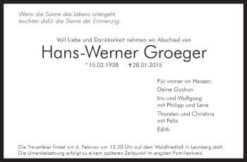 Traueranzeige von Hans-Werner Groeger von Leonberger Kreiszeitung / Strohgäu Extra