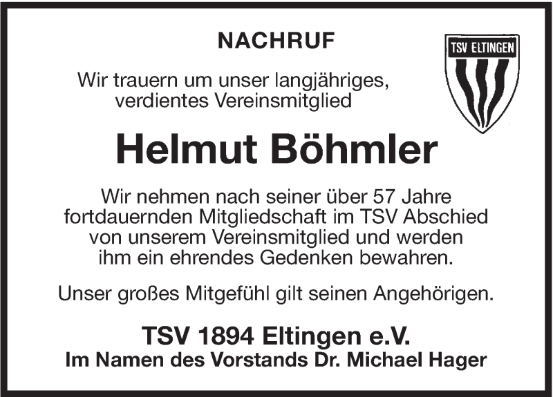  Traueranzeige für Helmut Böhmler vom 06.02.2016 aus Leonberger Kreiszeitung / Strohgäu Extra