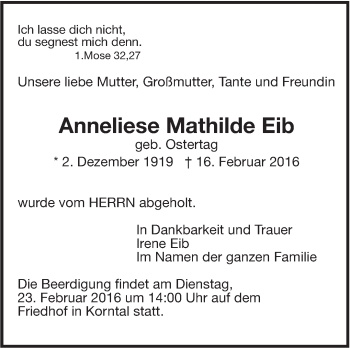 Traueranzeige von Anneliese Mathilde Eib von Leonberger Kreiszeitung / Strohgäu Extra