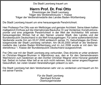 Traueranzeige von Frei Otto von Leonberger Kreiszeitung / Strohgäu Extra