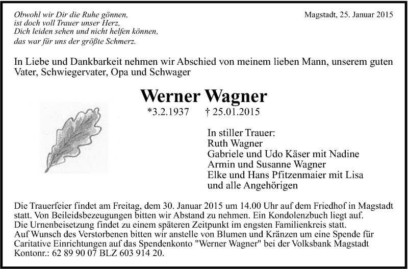  Traueranzeige für Werner Wagner vom 28.01.2015 aus Leonberger Kreiszeitung / Strohgäu Extra