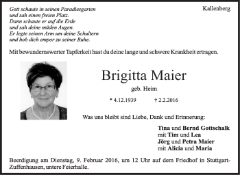 Traueranzeige von Brigitta Maier von Leonberger Kreiszeitung / Strohgäu Extra