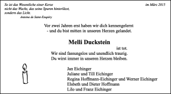Traueranzeige von Melli Duckstein von Leonberger Kreiszeitung / Strohgäu Extra
