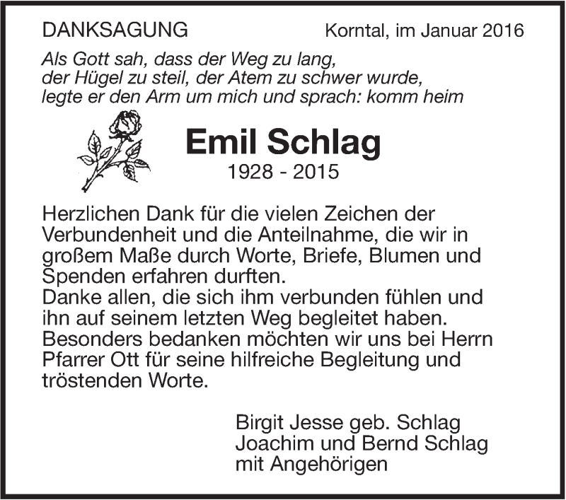  Traueranzeige für Emil Schlag vom 14.01.2016 aus Leonberger Kreiszeitung / Strohgäu Extra